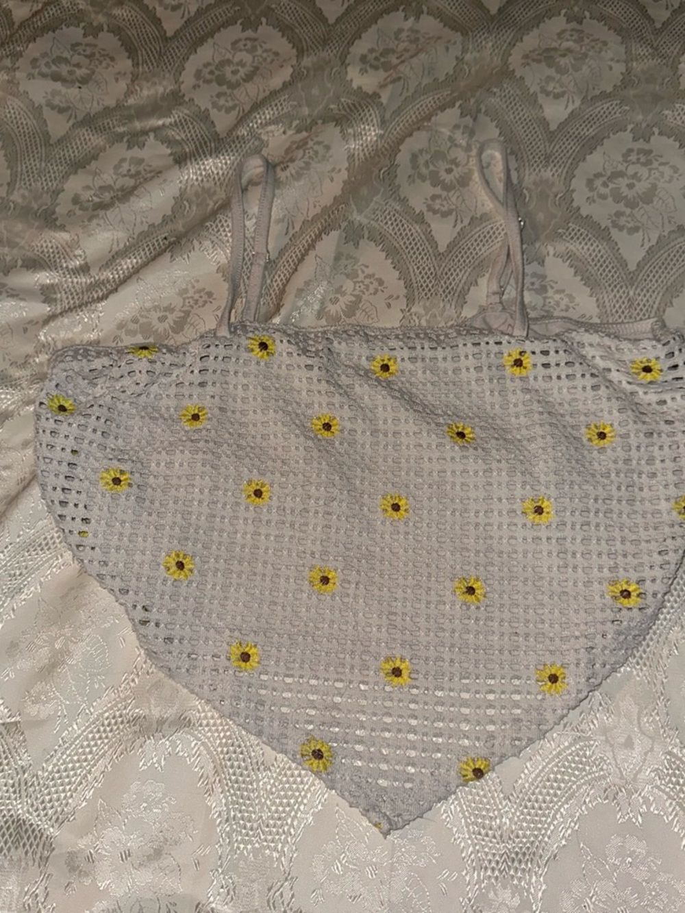 White Crochet Sunflower Crop Top with Spaghetti Straps